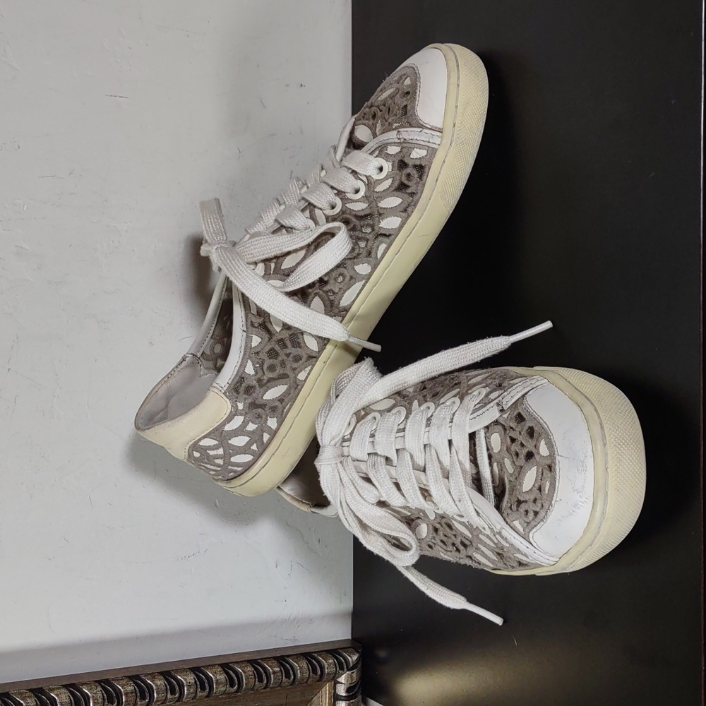 Tory Burch Gray and White Lace-Style Sneakers